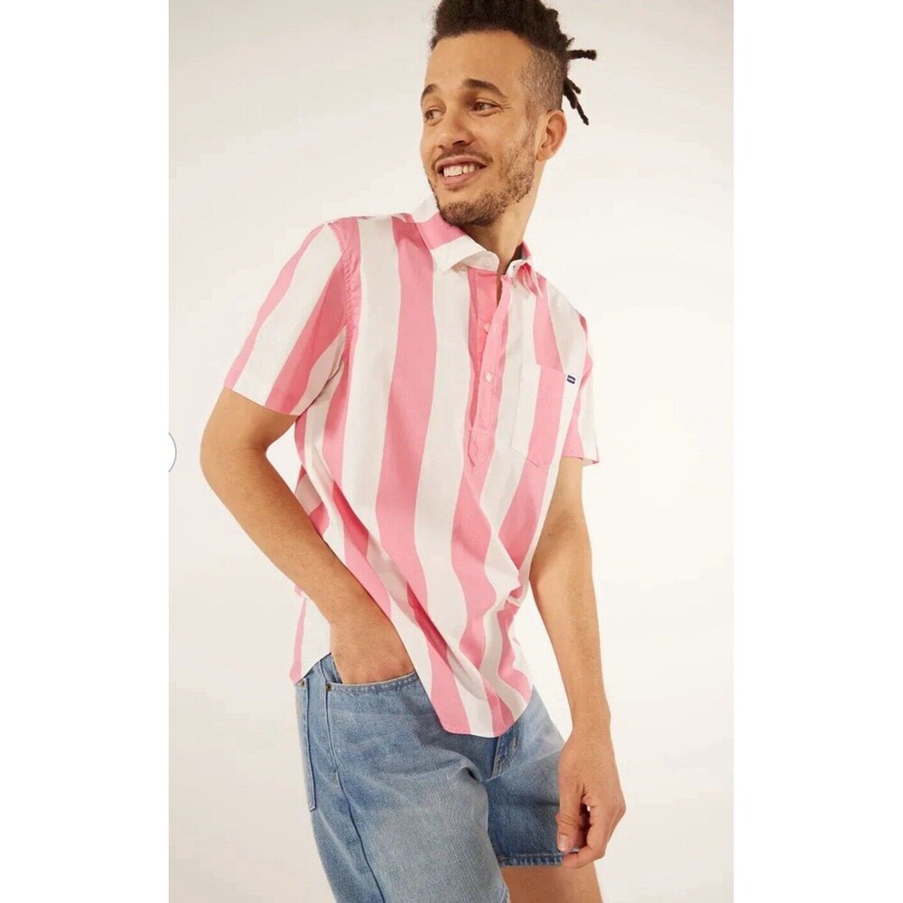 Chubbies XL Pink & White Candy Striper Popover Shirt Button-Up‎ Stretch Casual